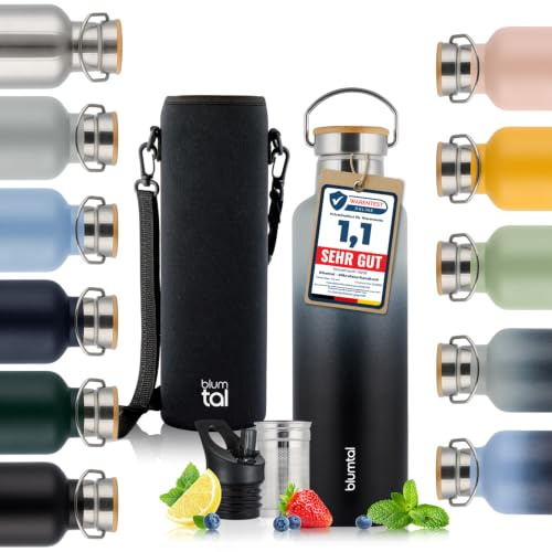 Blumtal Termo 1000ml - Botella de acero inoxidable de doble pared 1000ml - Botella isotérmica libre de BPA 1000ml - Botella de acero inoxidable 1000ml - botella de té - deportiva - Gris y negro