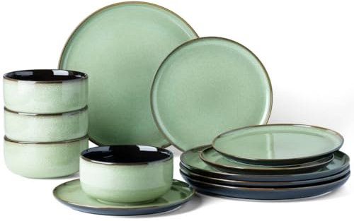 LERATIO Ceramic Dinnerware Sets for 4,12 Pieces Poreclain Plates and Bowls Sets,Scratch Resistant Dishes,Dishwasher & Microwave Safe Dishes Set,Service for 4-Light Geen