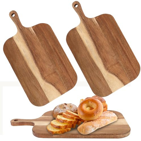 Oungy Lot de 2 planches à découper en bois d'acacia avec poignée - 38 x 19,5 x 2 cm - Grande planche de service en bois pour viande, pizza, fromage, pain, légumes