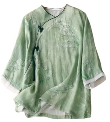 PRINCESS BRIDE Blusa holgada casual de algodón 3/4 manga, cuello en V, Hanfu tradicional china con botones de rana, A11 - M multicolor