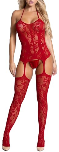XIUSEMY Damen Sexy Bodysuit Fischnetz Bodystocking Ein Stück Badydoll Nachtwäsche(GB-Red)