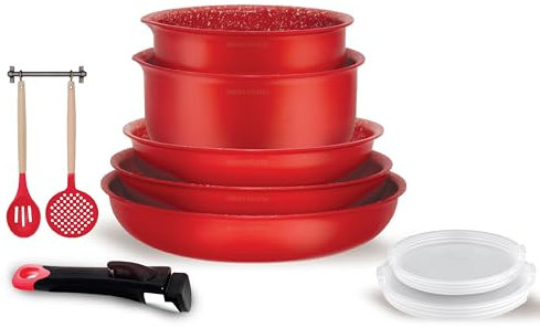 Arthur Martin, AMR41, Batterie de cuisine 10 pièces en aluminium avec revêtement adhérent, poêles 20-22-26 cm, casseroles 16-18 cm, couvercle hermétique, 2 ustensiles, Rouge