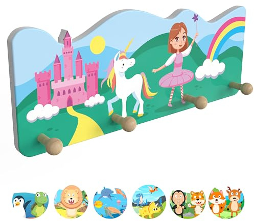 bunnyboo Kindergarderobe aus Holz - Garderobe mit 4 Kleiderhaken - kindliche Designs- wunderschöne Garderobenleiste Kinder (Prinzessin)