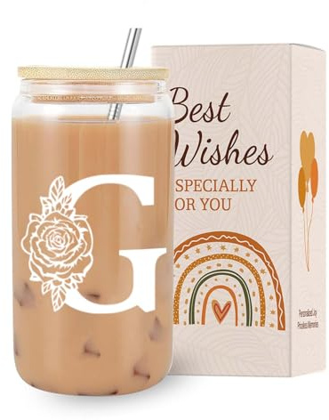 VivaJoy A-Z Initial Personalised Birthday Gifts for Women - Monogrammed Gifts for Women,Initial Letter G,Glass Cups with Lids Straws, Christmas or Birthday Gifts for Her,Mum,Friend,Sister（Letter-G）