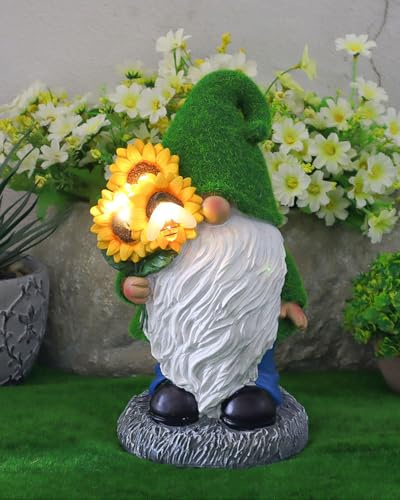 Statue de nain de jardin avec lampe solaire - Ornements extérieurs tenant des tournesols, nain de jardin - Cadeau pour porche, cour, pelouse, patio, balcon, cour, terrasse