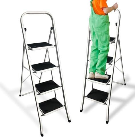 Scala pieghevole a 4 livelli, con pedale antiscivolo e largo, multifunzione, facile da riporre, portata fino a 150 kg, per scaletta pieghevole per casa, giardino e fai da te