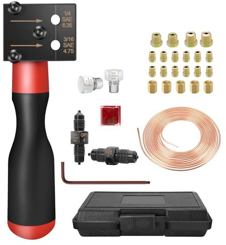 RUIZHI Brake Pipe Flaring Tool for SAE Flares, 3/16 & 1/4 Double Head Flaring Set, with 7.62 m φ 4.75 mm Brake Line and 16 Connections + 5 Connectors, Ideal for Vehicle Brake Systems