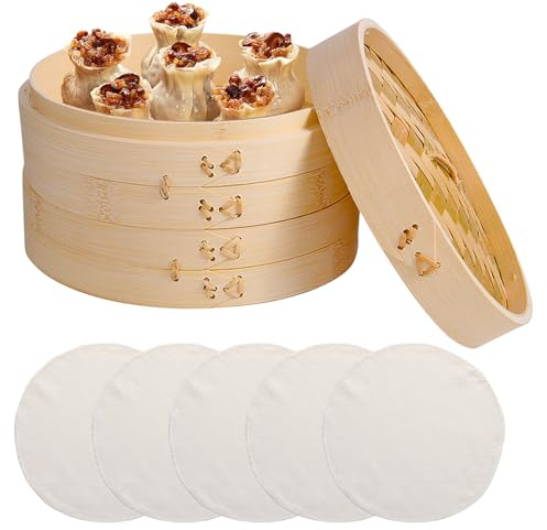 WANDGU - Olla de vapor de bambú de 2 niveles: cocina de vapor de bambú de 21 cm de diámetro con tapa y 5 alfombrillas antiadherentes, para arroz, dim sum, verduras, pescado y raviolis de carne