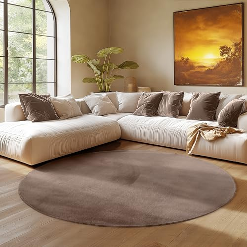 SIMPEX Runder Teppich Braun 200 cm Waschbarer Kurzflor Teppich, rund, rutschfest & weich, modernes einfarbiges Design für Wohnzimmer, Schlafzimmer, Küche & Kinderzimmer.