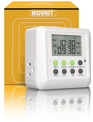 NOVKIT 3-in-1 Dual Outlet Timer Plug with Interval Cycle for Indoor, 7 Day 24 Hour Programmable Digital Repeat Timer Switch(15A, 1875W)