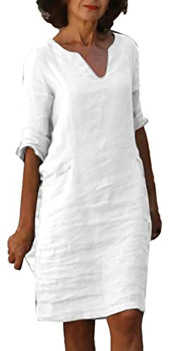 Générique 2025 Coton et Lin à Manches Courtes Vacances Semi-décontractées Femmes col en V Mini Robe Couleur Unie pour De Grande Taille, S-3XL