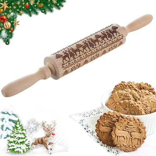 Bavooty Christmas Wooden Rolling Pins,Xmas 3D Reindeer Shape Decor Embossing Rolling Pin,Christmas Patterned Rolling Pin Baking Tools for Fondant Cake Batter Biscuit Baking DIY Decoration