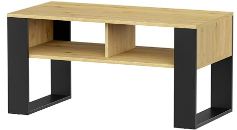 HOGAR24 ES - Mesa de Centro Moderna con Almacenaje, Medidas: 90x45 cm – Color Negro y Madera, Resistente y Fácil de Montar.