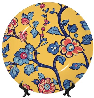 Assiettes décoratives en porcelaine anglaise avec support, fleur rouge et feuille bleue, assiette de présentation ronde pour cuisine, salle à manger, armoire à vin, décoration d'intérieur, 20 cm