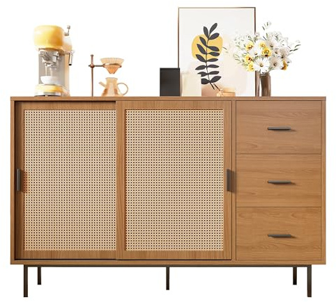 HAINEW Commode - Buffet avec 2 portes coulissantes en rotin et 3 tiroirs - Pour chambre à coucher, salon - 140 x 37 x 91 cm - Armoire de rangement avec étagères réglables - Naturel