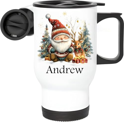 EKAM Personalised Christmas Gnome Travel Mug, Cute Xmas Gnome Mug - 14oz Stainless Steel Insulated Travel Tea/Coffee Mug, Customise Gift for Family, Friends, Mum, Dad, Kids