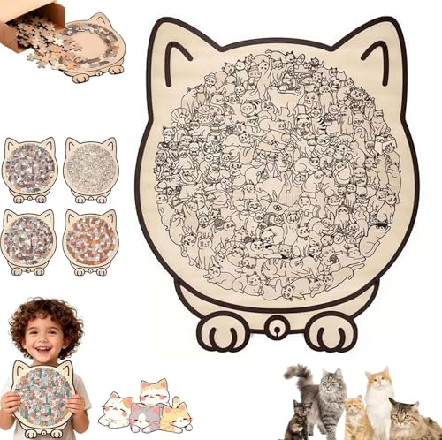 Puzzle en bois en forme de chat Morandi de 135 pièces encadré par de charmants contours de chats, puzzle unique en bois en forme d'animal, jouet de réflexion, cadeau créatif pour adultes et