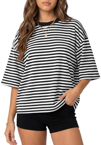 BAIGRAM Oversized Crewneck Striped Tee Tops Short Sleeve Drop Shoulder Y2K Aesthetic Casual Preppy Cotton Tshirt Summer Girls Black White