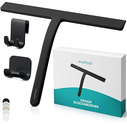 Engelbach® Duschabzieher Schwarz - streifenfreies Abziehen ohne Quietschen | Ergonomischer Abzieher Dusche mit rutschfestem Griff - Fensterabzieher, Inkl. 2 Halterungen