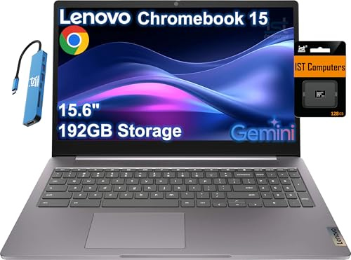 Lenovo Chromebook 15 IdeaPad 3i (39.6 cm FHD, 4 GB de RAM, 192 GB de almacenamiento (64 GB eMMC + tarjeta SD de 128 GB), almacenamiento en la nube de 2 TB, Intel Celeron) Hogar y estudiante, batería