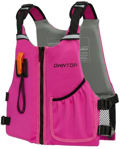 Owntop Junior Swim Vest for Kids 30-50kg, Buoyancy Aid with Whistle, Breathable Mesh Back & Pocket, Adjustable Neoprene Float Jacket for Kayaking, & Swimming, Boys & Girls 6-13 Years（Pink，M）