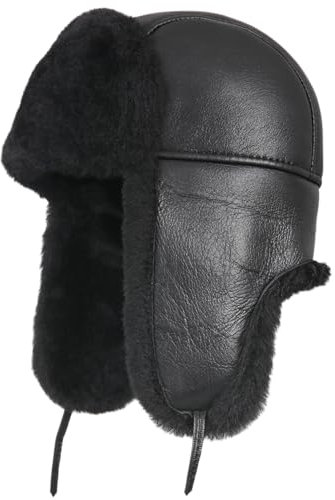 Zavelio Unisex Shearling Sheepskin Leather Aviator Russian Ushanka Trapper Winter Fur Hat Large Solid Black