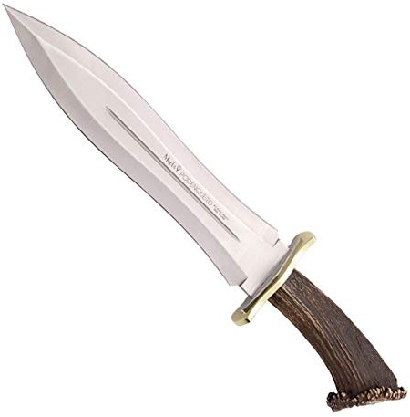 Muela Cuchillo PODENQUERO-S hoja de acero ACX-380 de 26 cm y empuñadura de roseta de ciervo para Caza, Pesca, Supervivencia y Bushcraft Realizado en Ciudad Real + Portabotellas de regalo