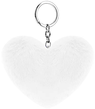 Soleebee Künstliche Kaninchenfell Keychain Flauschigen Liebesherz Pom Pom Schlüsselanhänger Taschen Koffer Rucksäcke Zubehör Charm Auto Schlüsselanhänger Schlüsselring für Frauen Mädchen (Weiß)