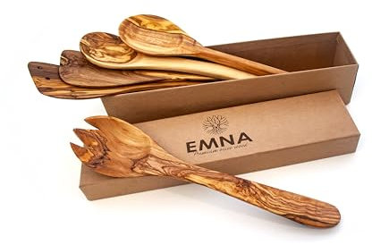EMNA - Set di utensili da cucina in legno d'ulivo da 5 pezzi | Una squisita idea regalo per gli amanti della cucina | Regalo gourmet | Bellezza fatta a mano per esploratori culinari | Set regalo |