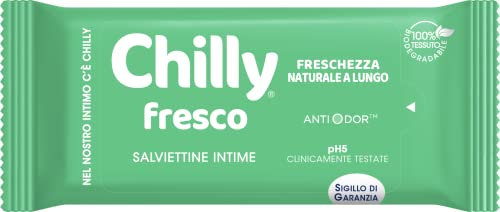 Chilly Salviettine Fresco, Salviette Igiene Intima, Azione Protettiva con Mentolo Naturale, Per Uso Quotidiano, Clinicamente Testato, pH 5, 1 Confezione da 12 Salviettine