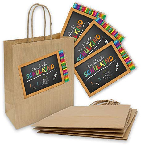 itenga SET 10x Geschenkverpackung Einschulung Geschenktüte aus Papier inkl. Sticker Aufkleber Endlich Schulkind Stifte rechteckig