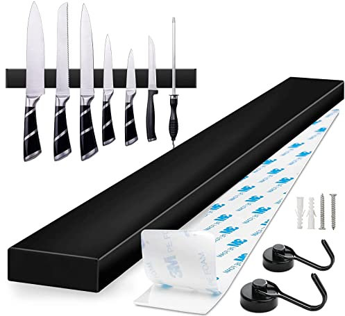 Magnetic KnifeHolder for Wall, Trhillsbrad Magnetic Knife Block with 2 Hooks-Extra, Optional Installation with Self Adhesive 3M Tape or Screws, Black Knife Strip for Knives, 40 cm