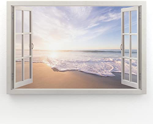 Estika - Cuadros de lienzo con vistas a la ventana - playa, mar - 90 x 60 cm - 1 pieza mural, imagen sobre lienzo, decoración moderna para salón dormitorio - cuadros paisajísticos naturales - 5998A_1L