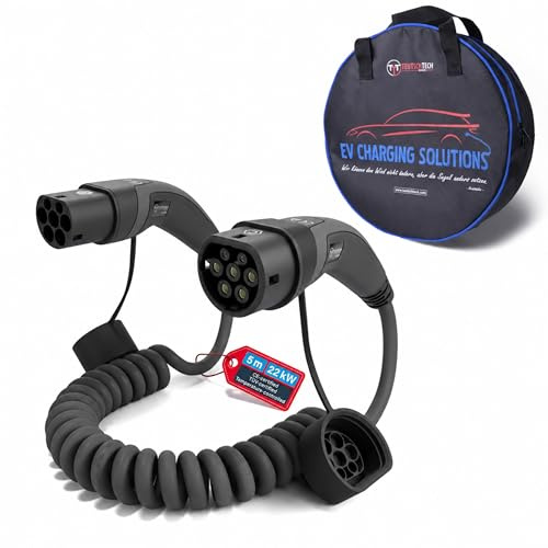 TEUTSCHTECH, Typ 2 Ladekabel Spiral für Elektroauto | 22kW | 3-phasig 32A | Mode 3 | 5 m | Typ 2 - Typ 2 | Temperaturüberwacht | Sicher Laden und Schutz vor Brand | Nutzbare Länge ca. 3.0 m | Schwarz