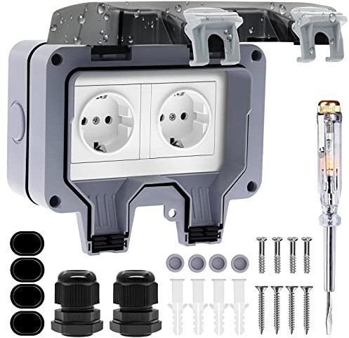 Aussensteckdose Wasserdicht IP66 Gartensteckdose Aufputz Wetterfest Outdoor Steckdose, 2 Fach Schutzkontakt Wandsteckdose mit Klappdeckel für Feuchtraum Gärten Schwimmbad Aussenbereich
