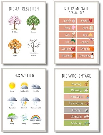 EQUIK PRODUCTS Lernposter | Kinderzimmer Deko | Für Kinder im Kindergarten, Grundschule | Montessori | 4er Poster Set | Für Mädchen und Jungen (Monate, Wochentage, Jahreszeiten, Wetter, A4)