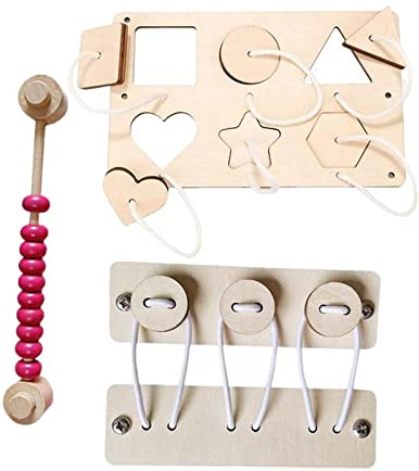 Baoblaze 3 pieces Wooden Busy Board Toys Early Educational Fine Enlightenment DIY for Kids Preschool Baby, Shape Matching and Abacus Bead and Button