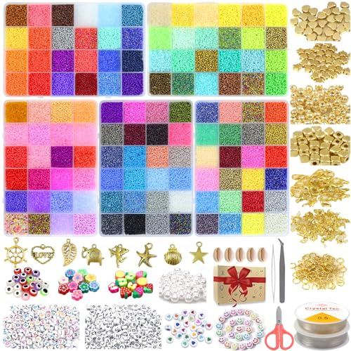 120 Farben 60693 Stück Perlen Set für Armbänder, 2mm zum Auffädeln, Rocailles Selber Machen mit 300Pcs Buchstaben Perlen&Anhänger für DIY Armband Schmuck Halskette Ohrring