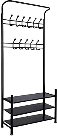 Hengsong Garderobenständer mit Schuhablage,Kleiderständer Schwarz,Garderobe,mit Shoe Rack,11 Haken,Flurgarderobe&,Schuhschrank,3 Ablagen Schuhregal Metall,Höhe ca.190cm