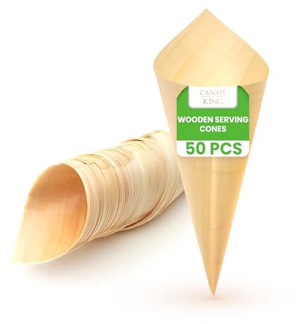 Disposable Wooden Serving Cones 50 Pcs |100% Biodegradable Ice Cream Snacks BBQ Holder (9cm Diameter x 24cm Depth) | Suitable for Christmas Weddings Parties Food Takeaway
