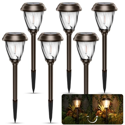 XMCOSY+ Solar Lights Pathway Outdoor - 2 LED Modes 10/25 LM Solar Powered Yard Garden Lighting, Waterproof IP65 Glass Stainless Steel Landscape Lights for Driveway Walkway Sidewalk Decor (Warm White)