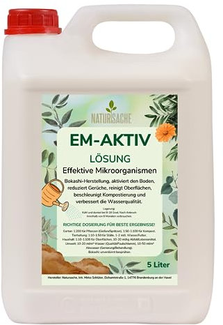 Natursache EM-aktiv Lösung | Effektive Mikroorganismen für Garten, Tierhaltung, Haushalt & Umwelt | Bodenaktivator, Geruchsentferner, Wasseraufbereiter (5 Liter, 1)