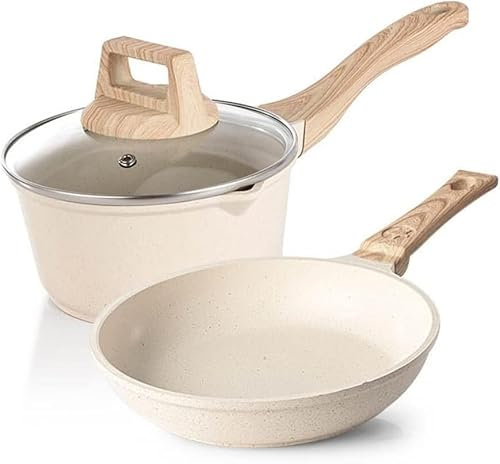 CANLOT Wok Set Non-stick Pan Stone Wheat Rice Kitchen Stock Milk Pot Double Boiler Boiler With Glass Lid Frying Pan Frying Pan Feature: