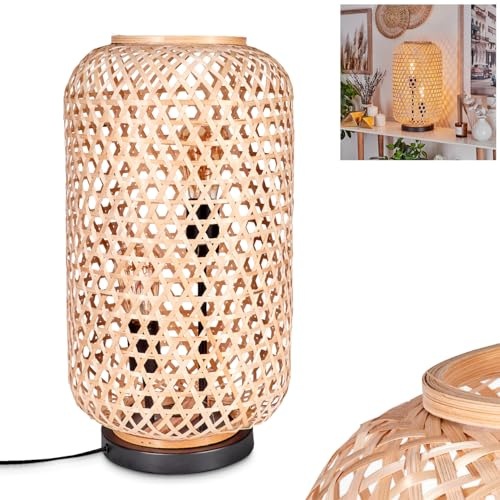 Tischleuchte Bauro, moderne Boho Tischlampe aus Metall/Bambus in Schwarz/Natur, Nachttischlampe mit Schirm in Gitter-Optik, An-/Ausschalter am Kabel und Lichteffekt, 2 x E27, ohne Leuchtmittel