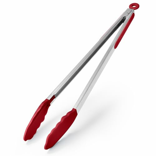 U-Taste Silicone Kitchen Tong, 250℃ Heat Resistant, 40cm, Red | Non Stick Rubber Tipped, 18/8 Stainless Steel Handle, Smooth Locking, Heavy Duty for Cooking Serving Buffet Salad Barbecue