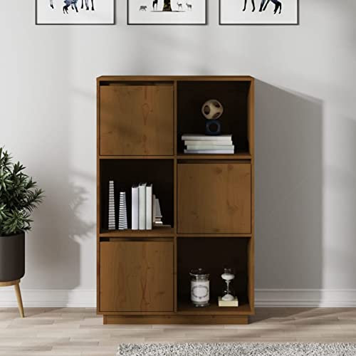 Gecheer Highboard Sideboard Beistellschrank Schrank Anrichte StandschrankStandvitrine Hochschrank Vitrine 74 x 35 x 117 cm (B x T x H),Massives Kiefernholz,Honigbraun