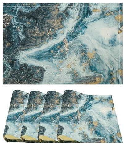 Juego de 4 Manteles Individuales de Mesa, Bajoplatos de Mesa de Lino, Abstracto, Dorado, Azul, Blanco, Mármol Líquido, Resistentes al Calor, Lavables para Cocina, Comedor, Fiesta, 12 x 18 Pulgadas
