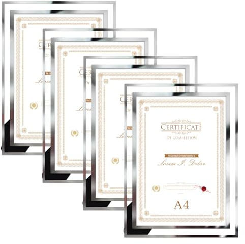 Hoikwo 4er-Set Bilderrahmen DIN A4 Glas – Fotorahmen Silber für Zertifikate, Diplome, Familienfotos und Hochzeitsbilder – Dokumentenrahmen 21x29,7 cm Nur für Tischaufsteller