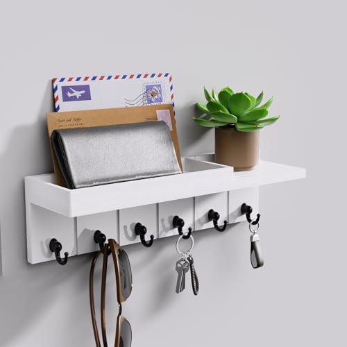 HapiRm Key Holder for Wall - Wooden Key Hooks Wall Mounted with 6 Hooks, Key Rack with Storage Shelf for Mail, Phone, Small Decor, Ideal for Entryway, Office, and Hallway