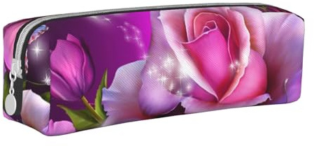 ESASAM Rosa und Schmetterlinge Rosa Einfaches und stilvolles Leder-Federmäppchen – Schreibwaren-Organizer und Reiseaufbewahrung, Stifthalter, Federmäppchen, Reißverschluss-Tasche, Stifteetui,